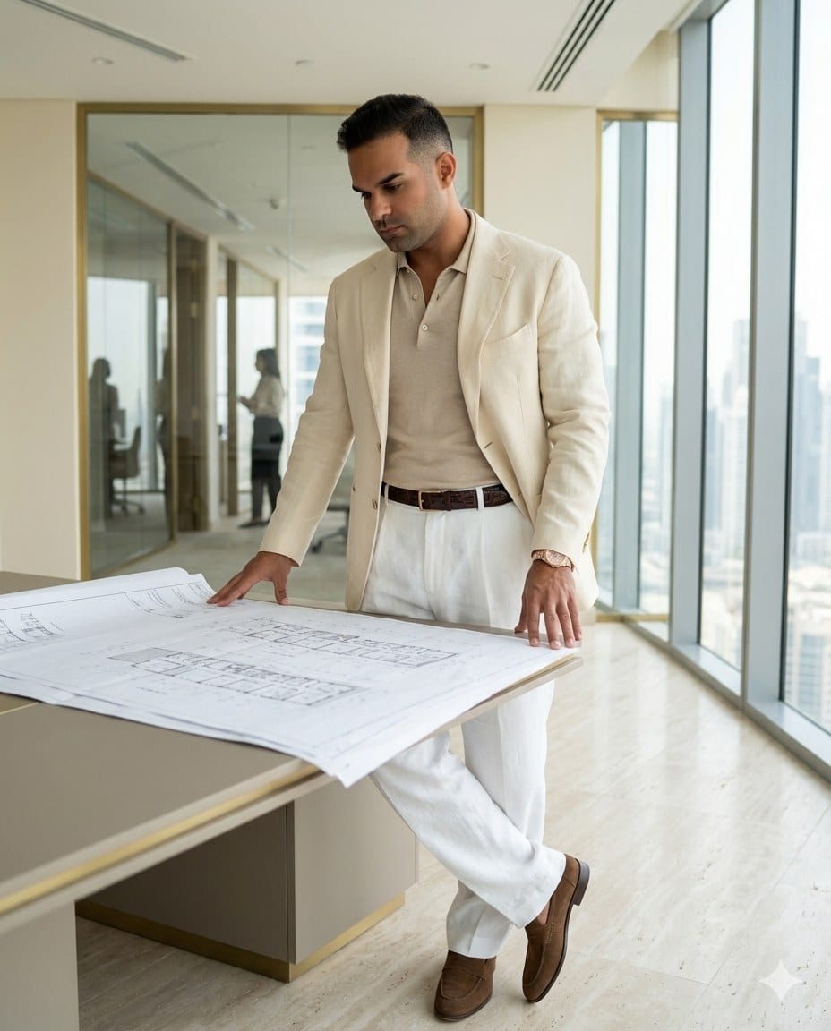 Dr. Michel Moore at the M2 / MTWO Building Contracting office in Dubai, reviewing fit-out plans