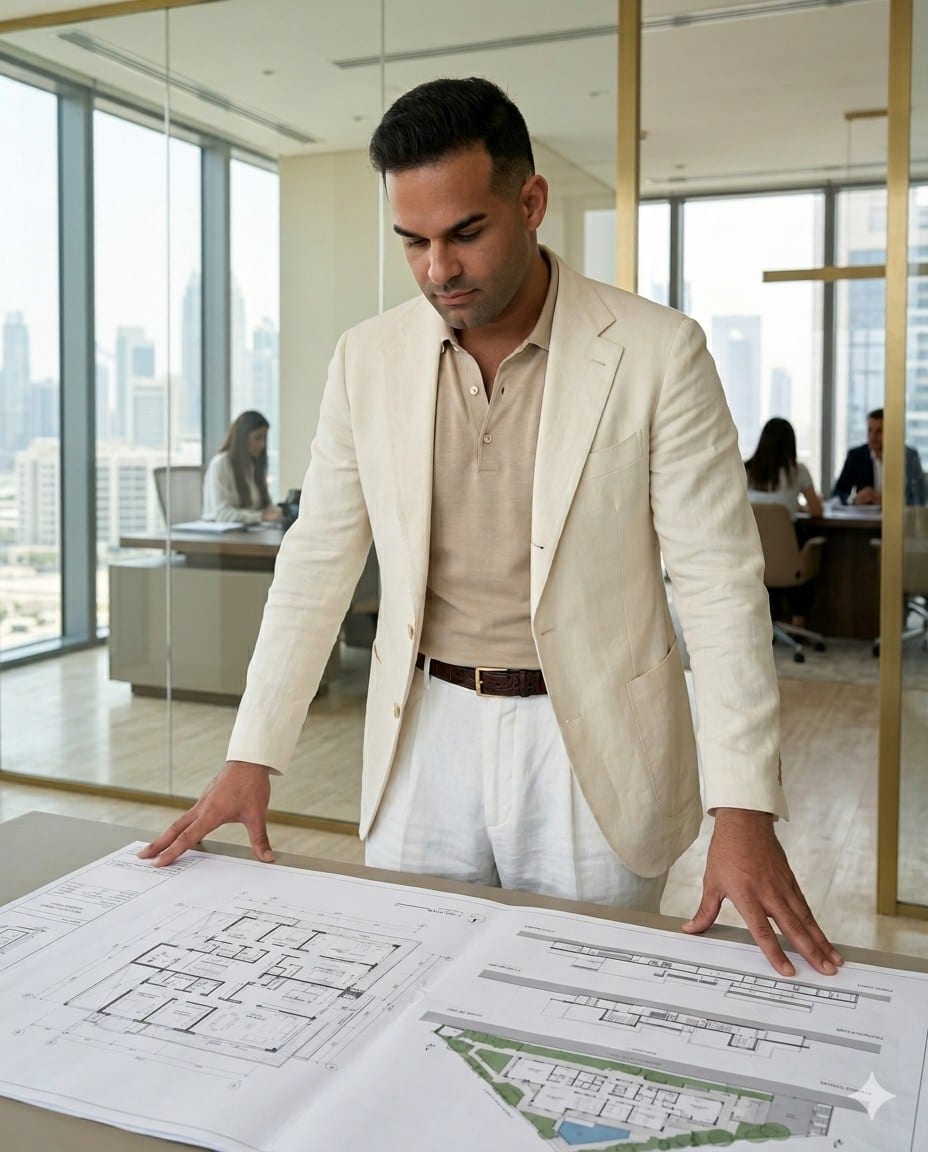 Dr. Michel Moore, Founder and CEO of M2 / MTWO Building Contracting L.L.C., reviewing villa drawings at the M2 office in Dubai