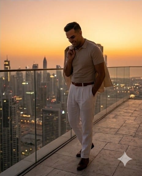 Dr. Michel Moore at dusk overlooking the Dubai skyline — Founder & CEO of M2 / MTWO Building Contracting L.L.C.
