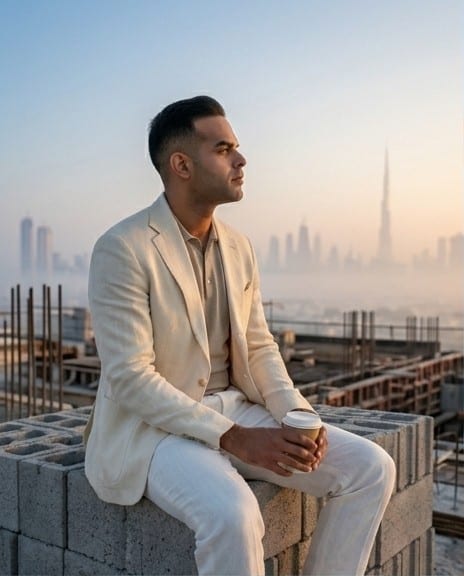 Dr. Michel Moore at dawn on a Dubai project site, Dubai skyline behind — Founder of M2 / MTWO Building Contracting L.L.C.