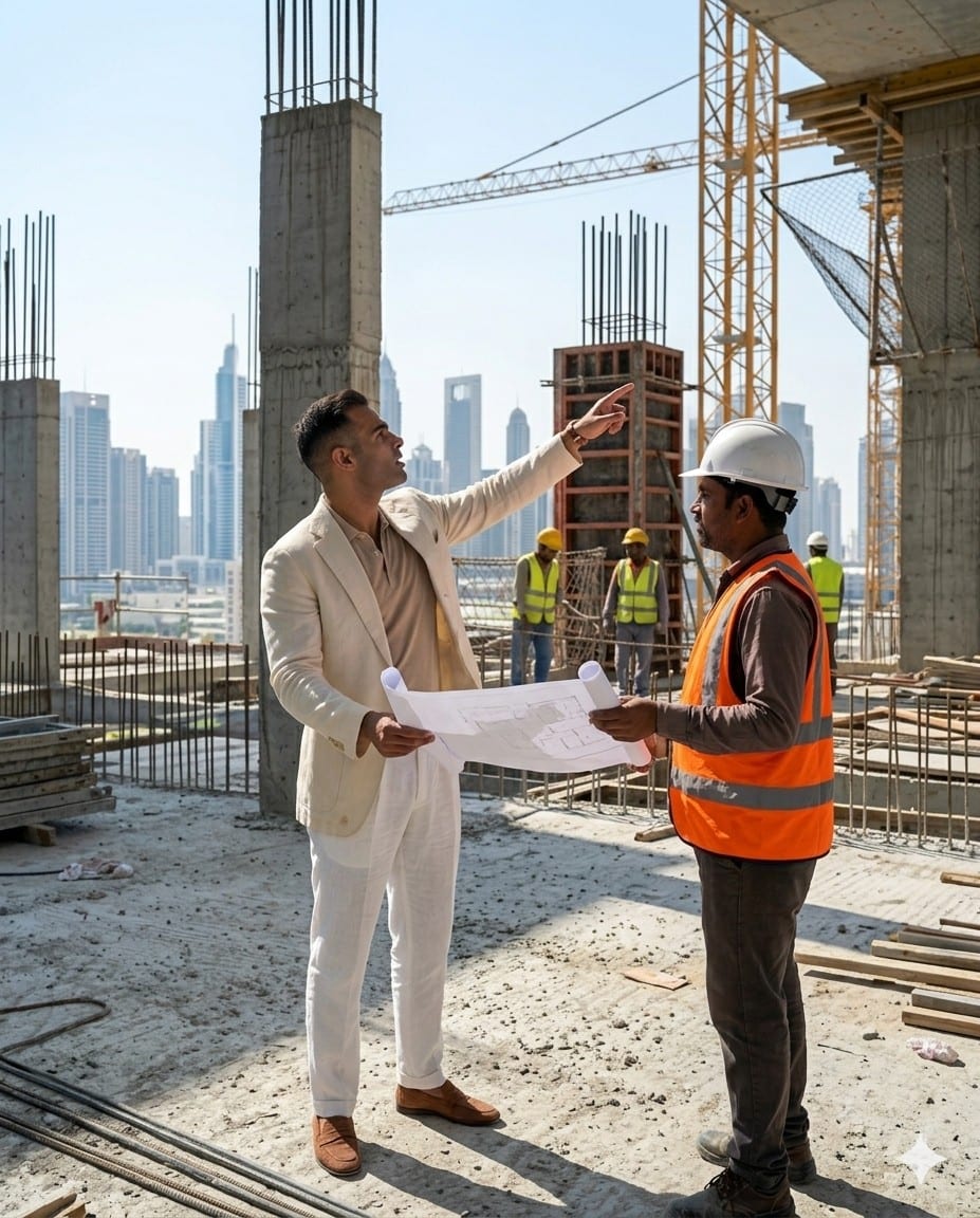 Dr. Michel Moore directing construction work on an active Dubai project site, DIFC skyline behind — M2 / MTWO Building Contracting principal-led delivery