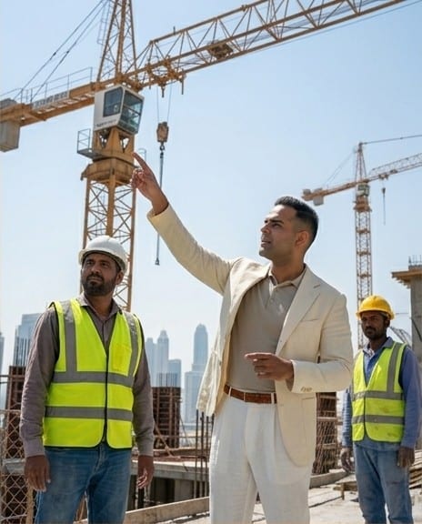 Dr. Michel Moore on a Dubai construction site directing crane operations — M2 / MTWO Building Contracting authority and site coordination