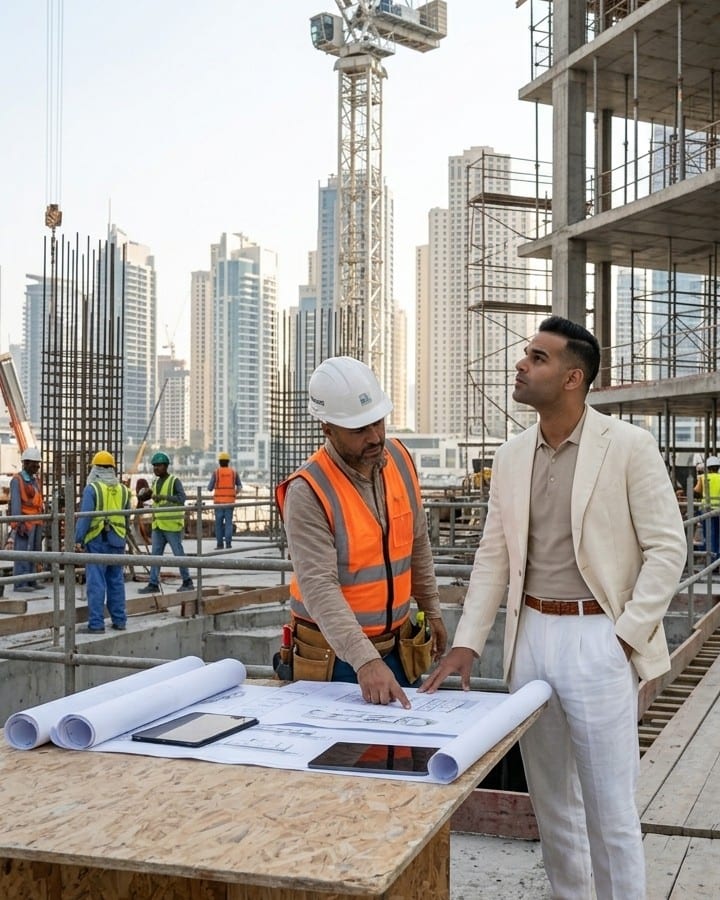 Dr. Michel Moore in coordination with the site team on an active Dubai project — M2 / MTWO Building Contracting in-house platform, principal-led delivery
